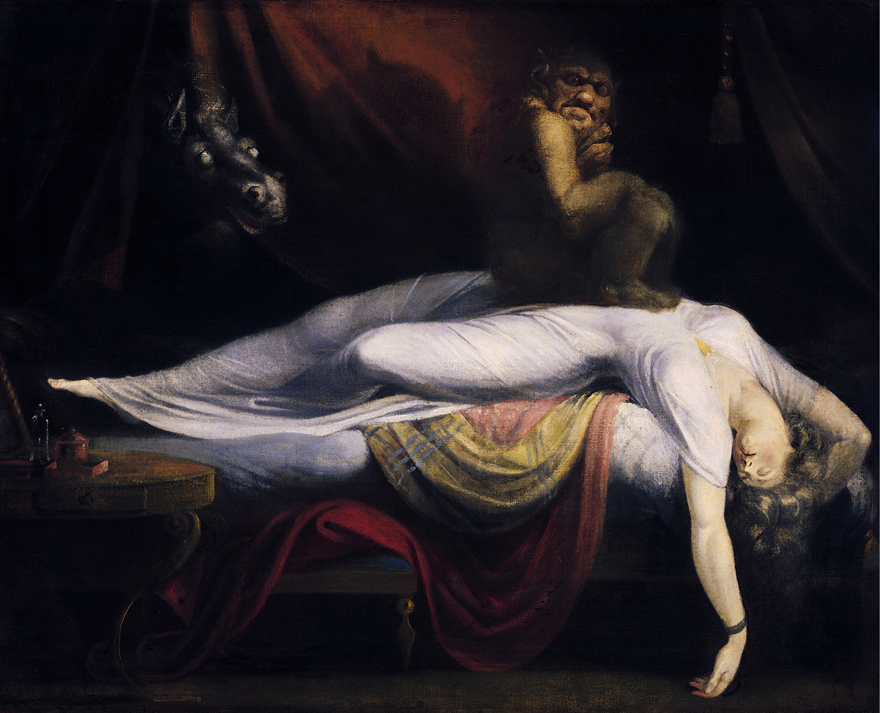 Dark Romantic painting showing a sleeping woman with a demon crouching on her chest and a horse's head peering from behind dark curtains