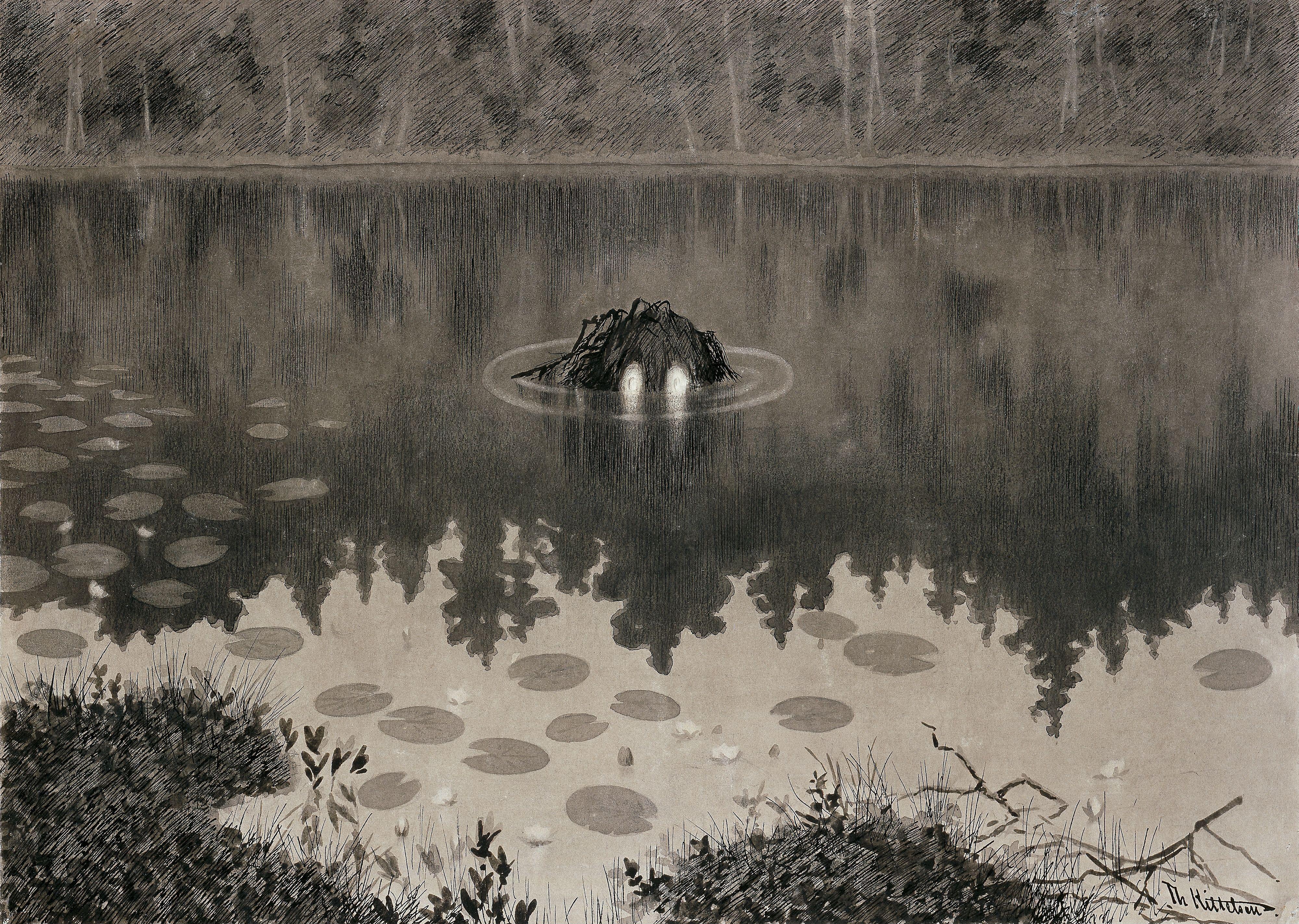 Dark Norwegian illustration showing a mysterious creature partially submerged in dark water among reeds